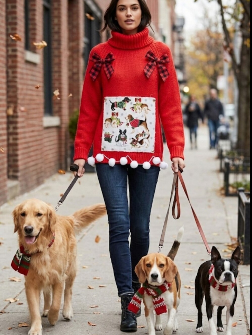 Dog Lover Red Christmas Sweater Turtleneck M-L Pom Poms Holiday Party